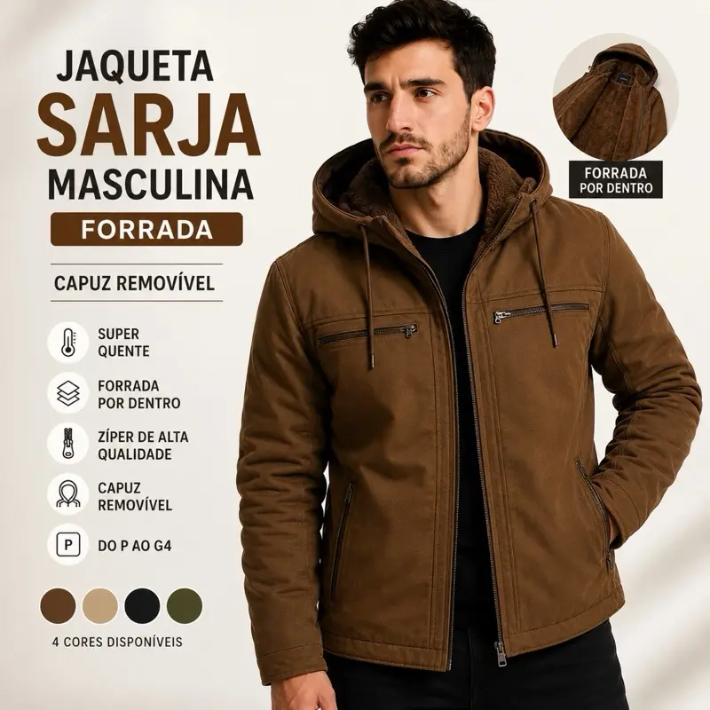 Jaqueta Masculina Sarja Forrada com Capuz